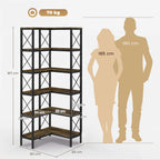 5-Tier L-Shaped Bookshelf, Freestanding Corner Bookcase with Metal Frame, Rustic Brown