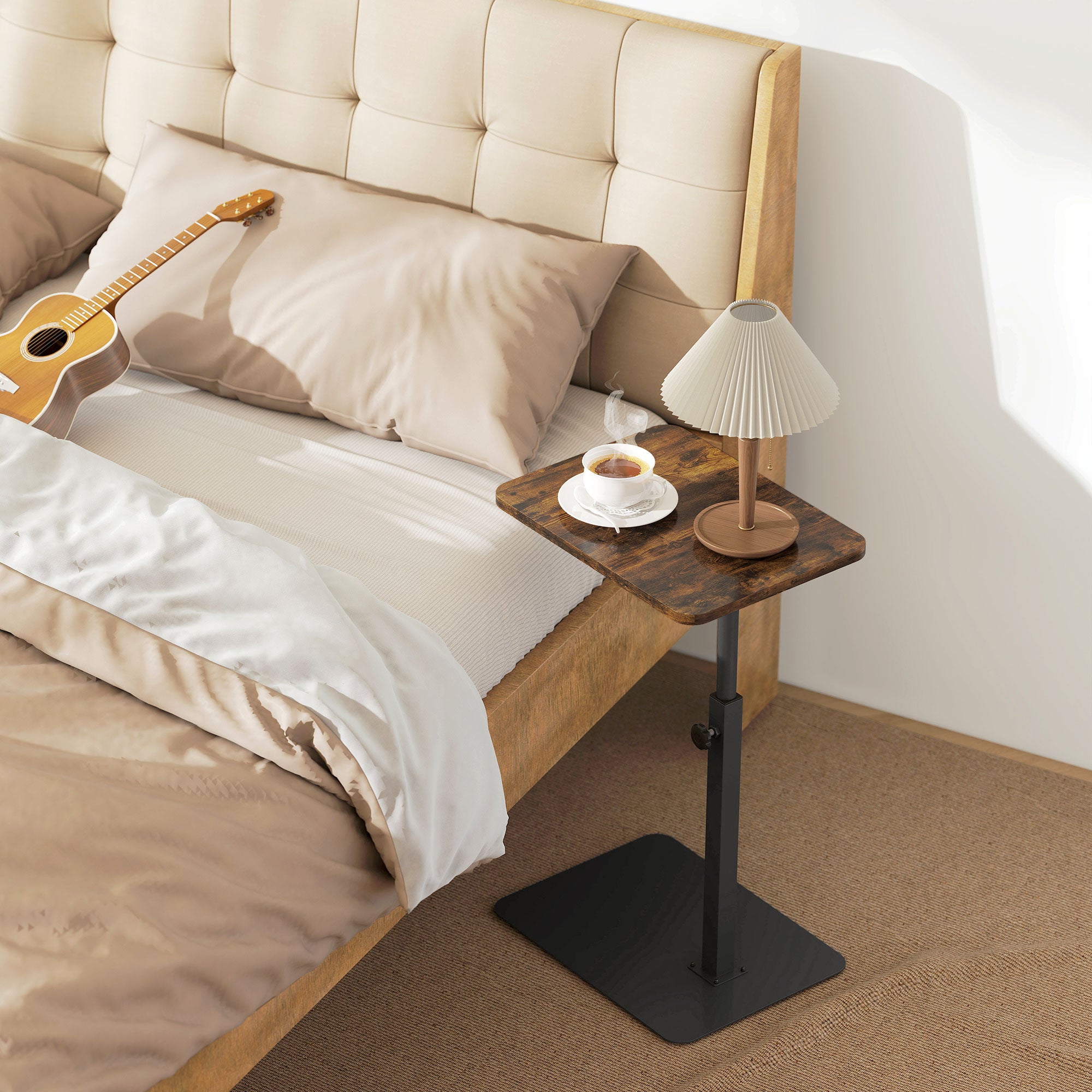 C Shaped Side Table, Small End Table with Adjustable Height and Metal Base for Living Room, Bedroom, Rustic Brown