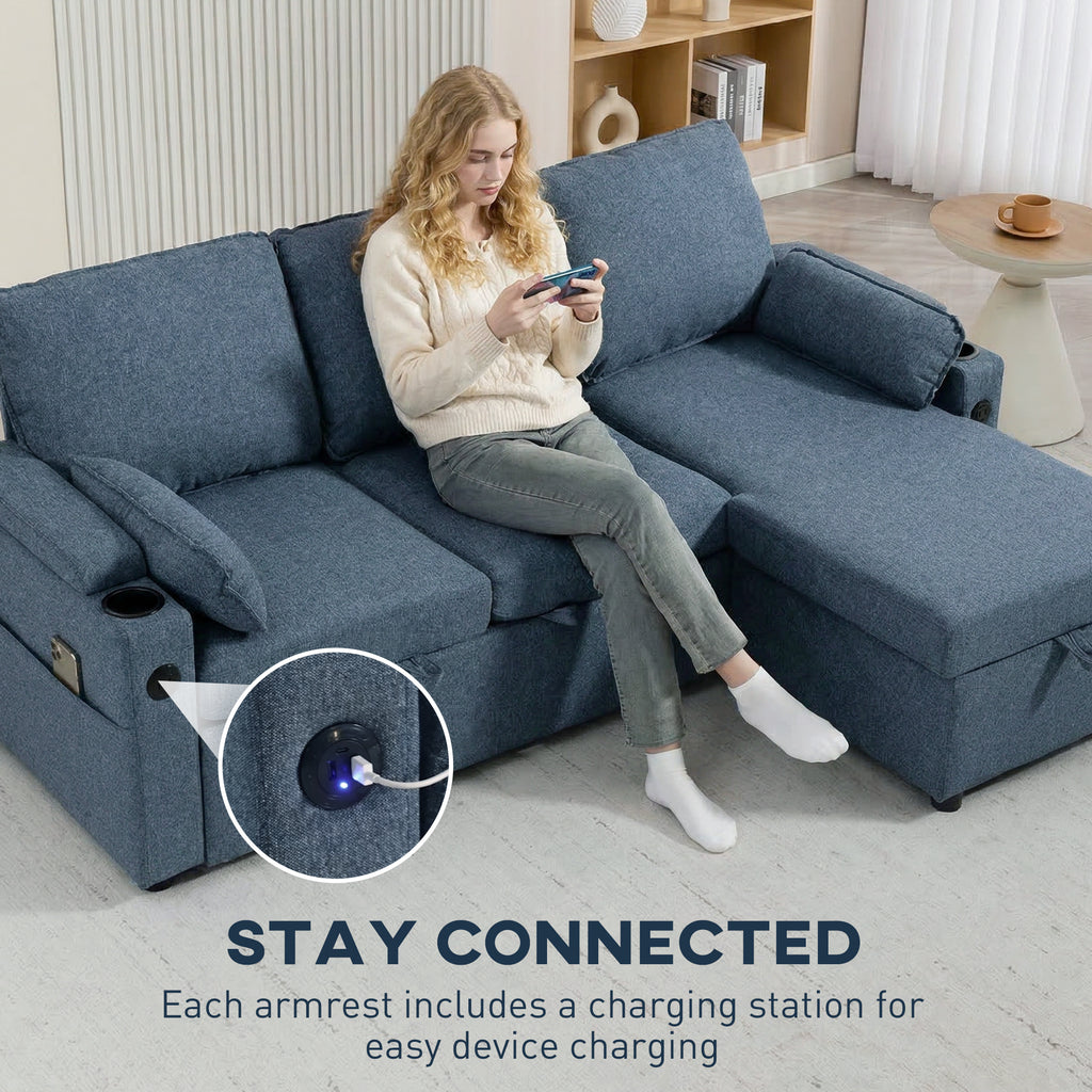 Corner Sofa Bed, L Shaped Sleeper Sectional Sofa with Reversible Storage Chaise, Blue
