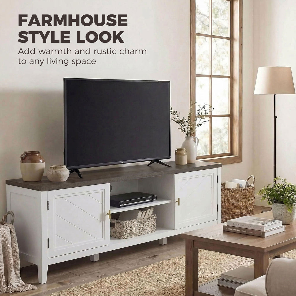 TV Unit for TVs up to 42 Inch, Farmhouse Entertainment Centre with 2 Open Shelves, 2 Cabinets and Thick Top