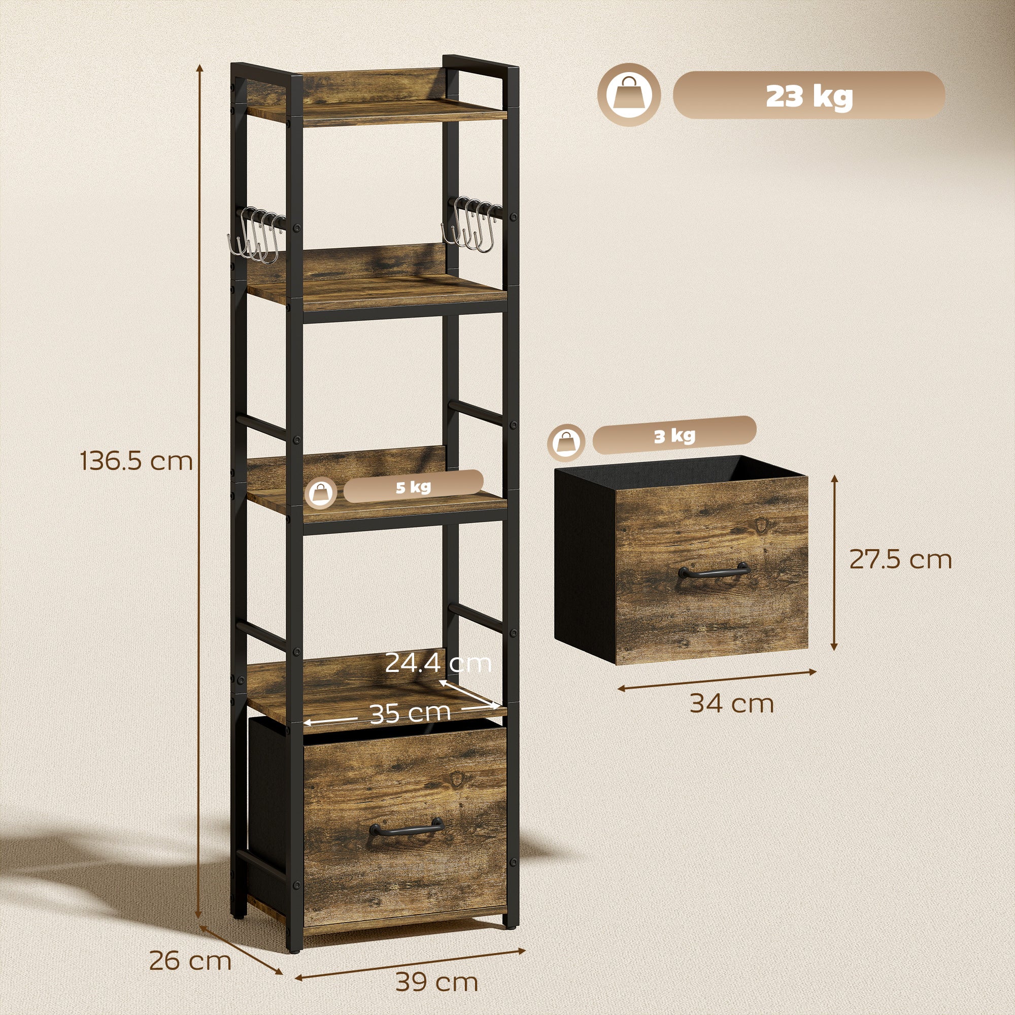 4-Tier Bookshelf, Narrow Bookcase with Drawer, 8 Hooks, Metal Frame, Rustic Brown