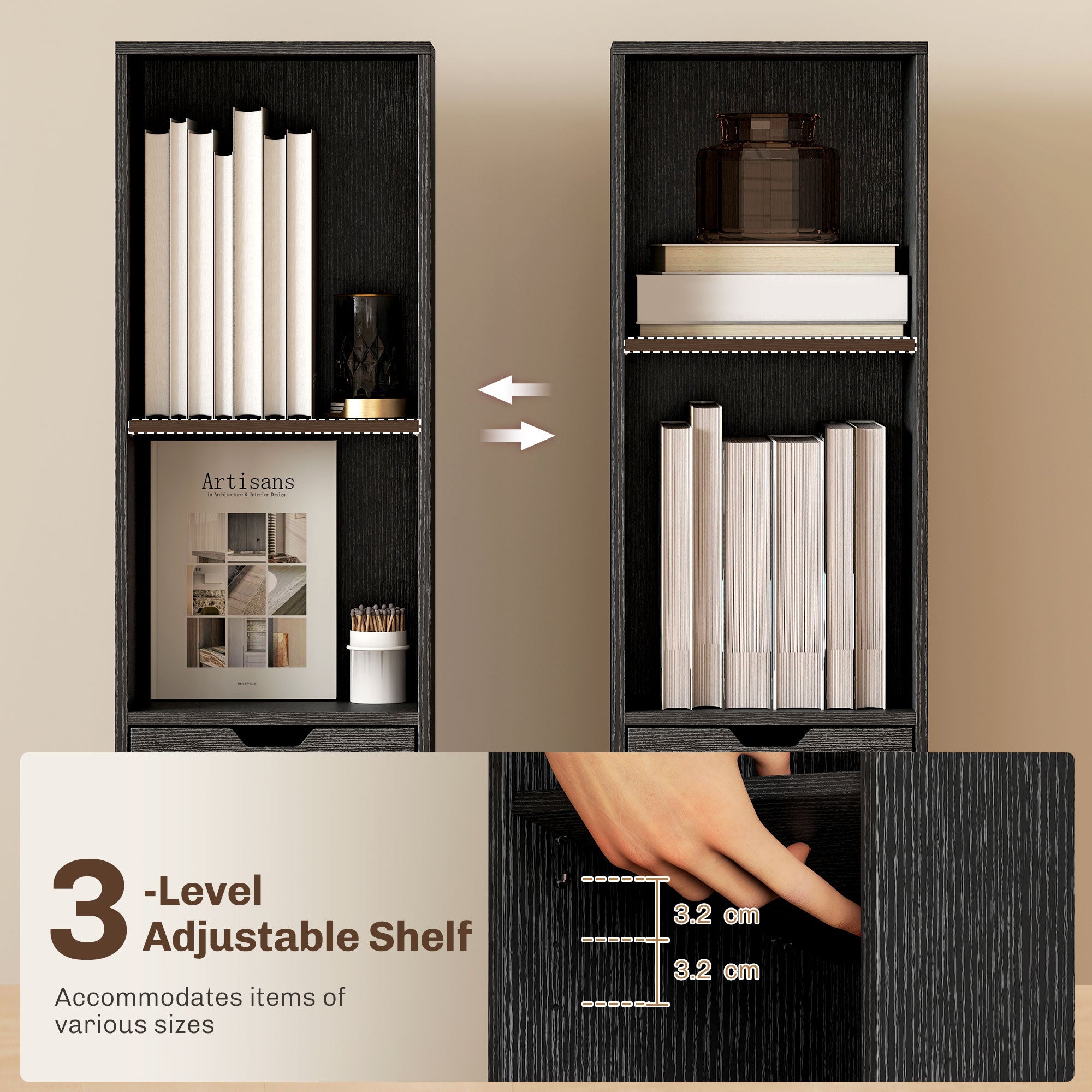 6-Tier Bookcase, Tall Narrow Bookshelf with Drawer and Door - Black