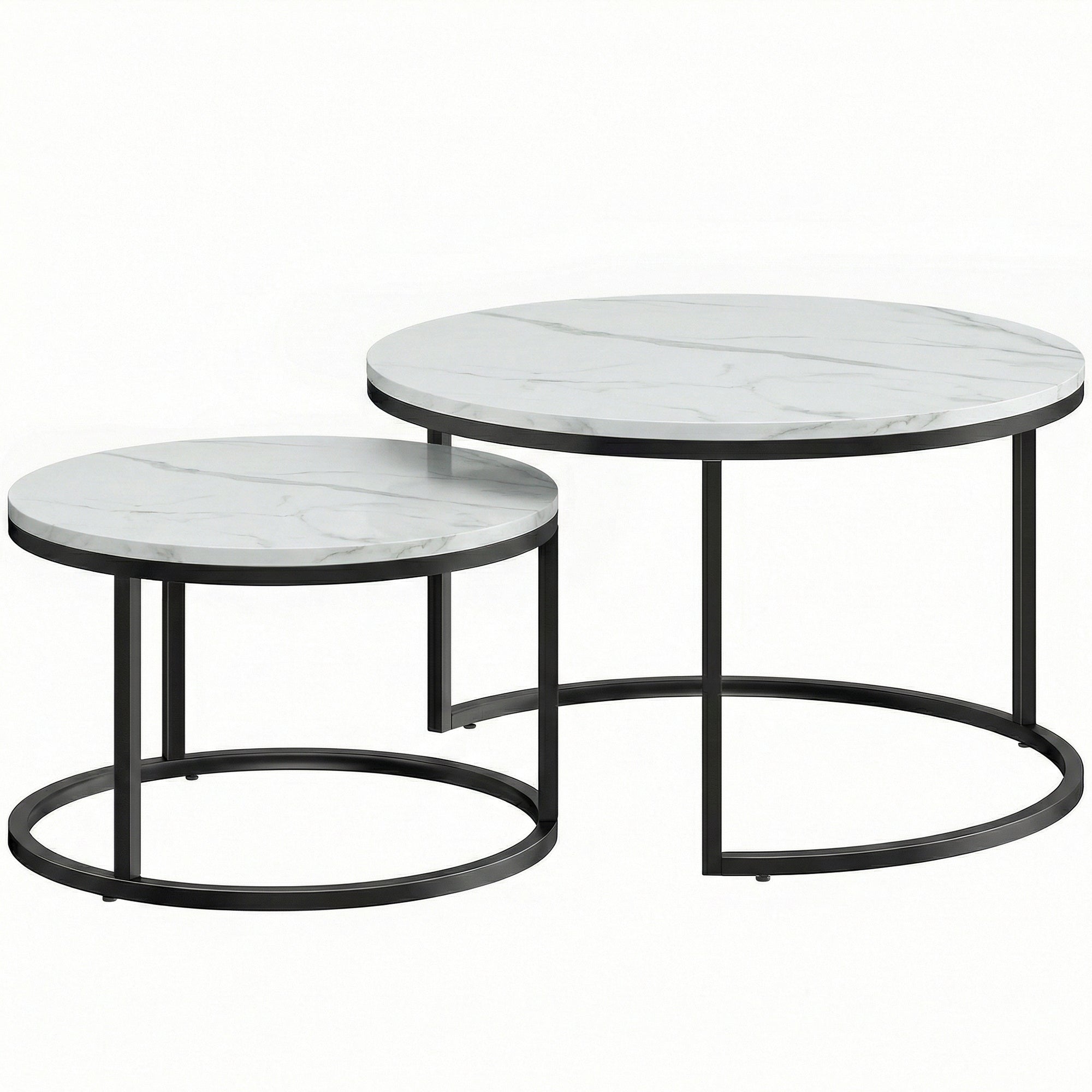 Set of Two Marble-Effect Stacking Tables - White