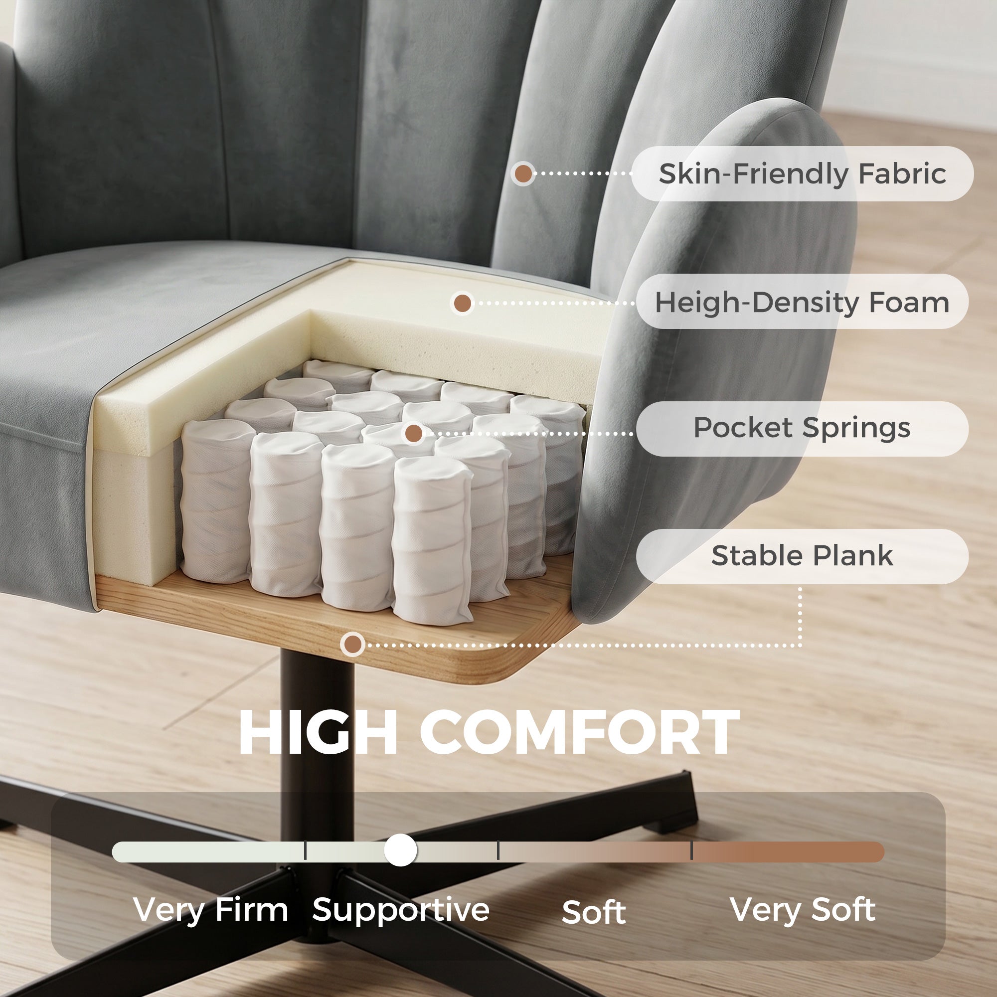 Swivel Accent Chair, Shell-Shaped Armchair with Spring Cushion, Metal Base, Grey
