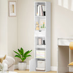 6-Tier Bookcase, Tall Narrow Bookshelf with Drawer and Door - White