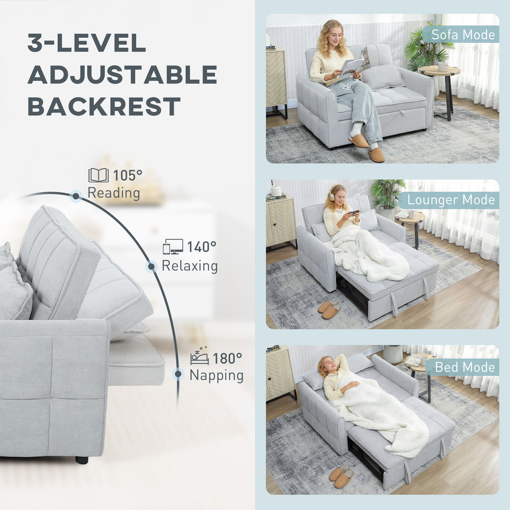 2 Seater Sofa Bed, 3-in-1 Convertible Sleeper Sofa with Click-clack Adjustable Backrest and 2 Pillows, Light Grey