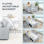 2 Seater Sofa Bed, 3-in-1 Convertible Sleeper Sofa with Click-clack Adjustable Backrest and 2 Pillows, Light Grey