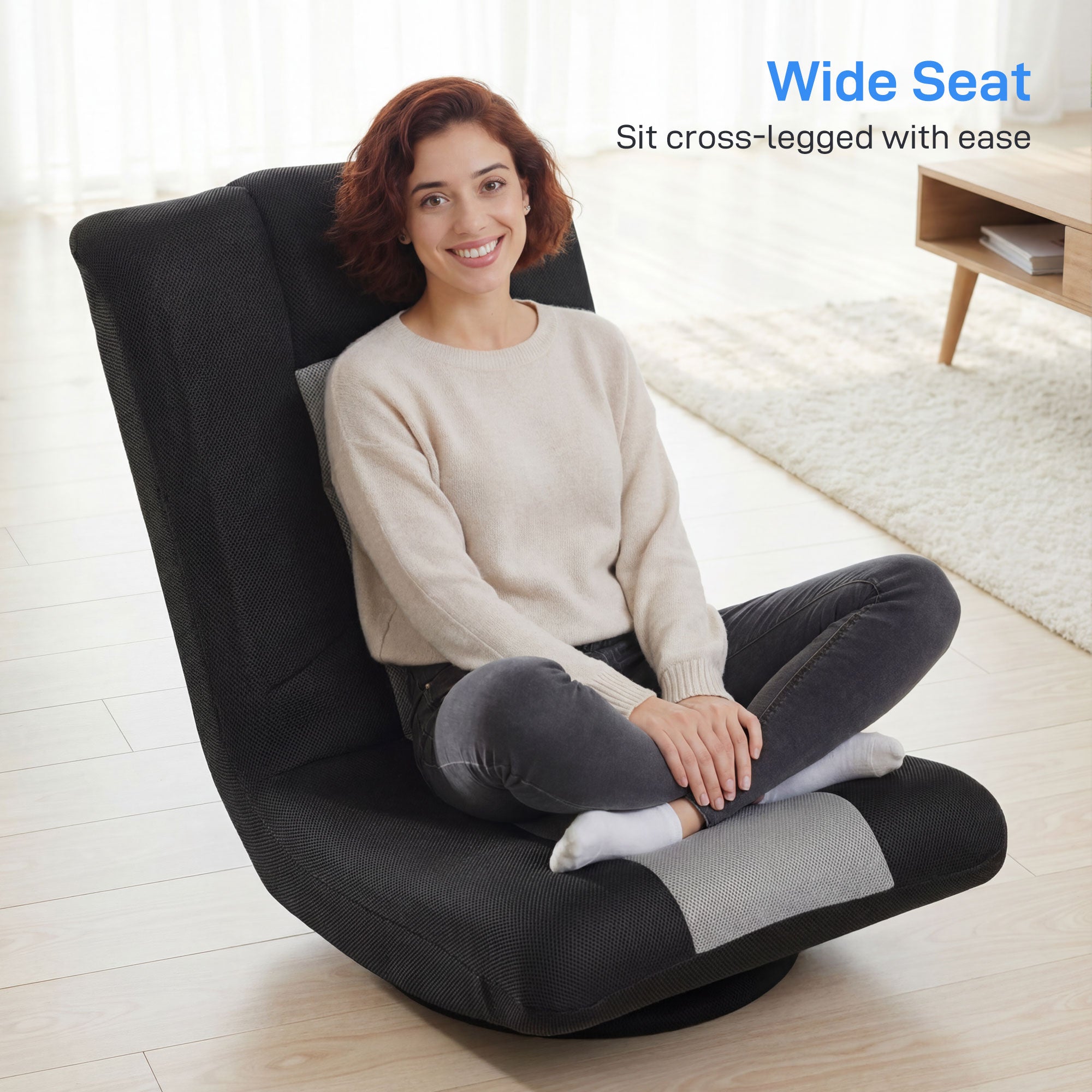 Floor Chair, Folding Floor Sofa with Adjustable Backrest, Wide Seat, Swivel Base, Black