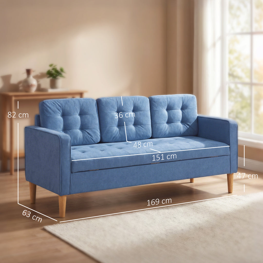3 Seater Sofa, 169cm Couch with Hidden Storage, Wood Legs, Blue