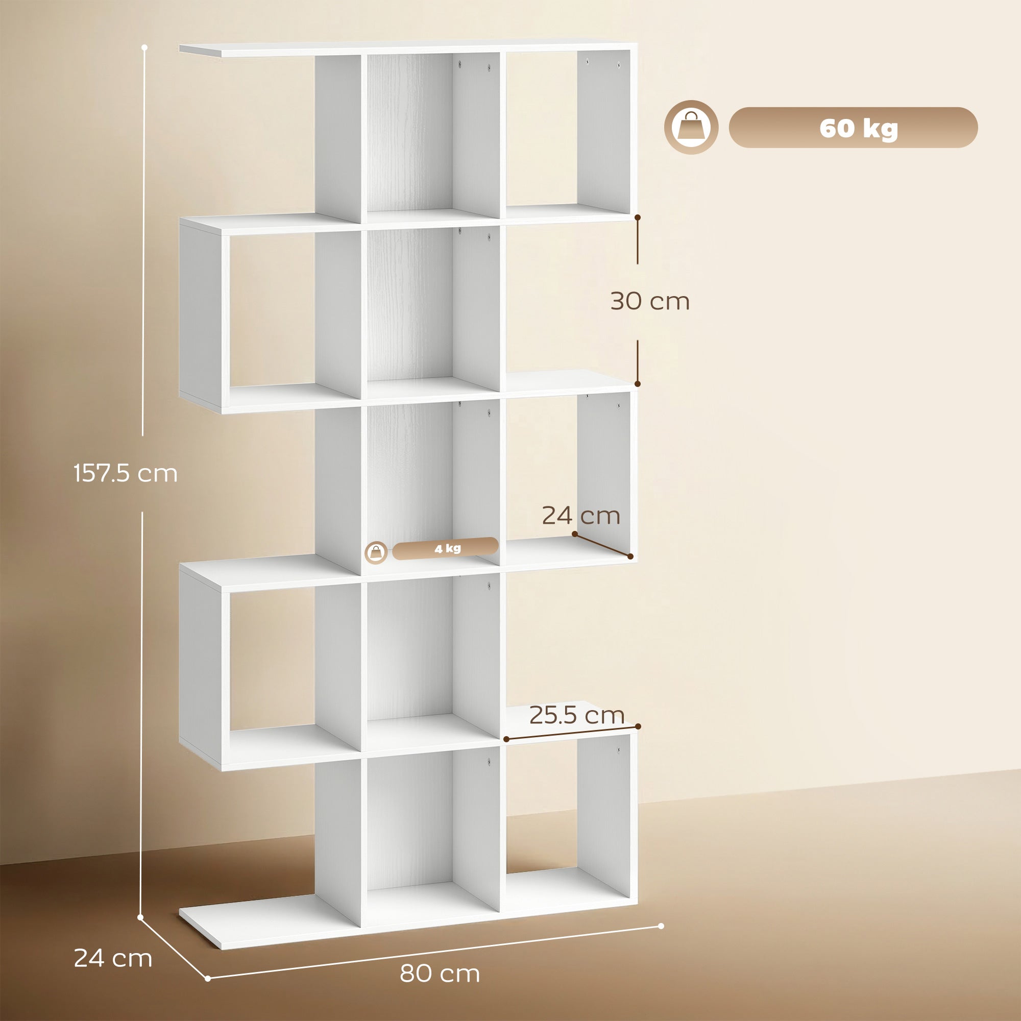 5-Tier Bookshelf, S Shaped Geometric Bookcase with 15 Compartments, White Wood Effect