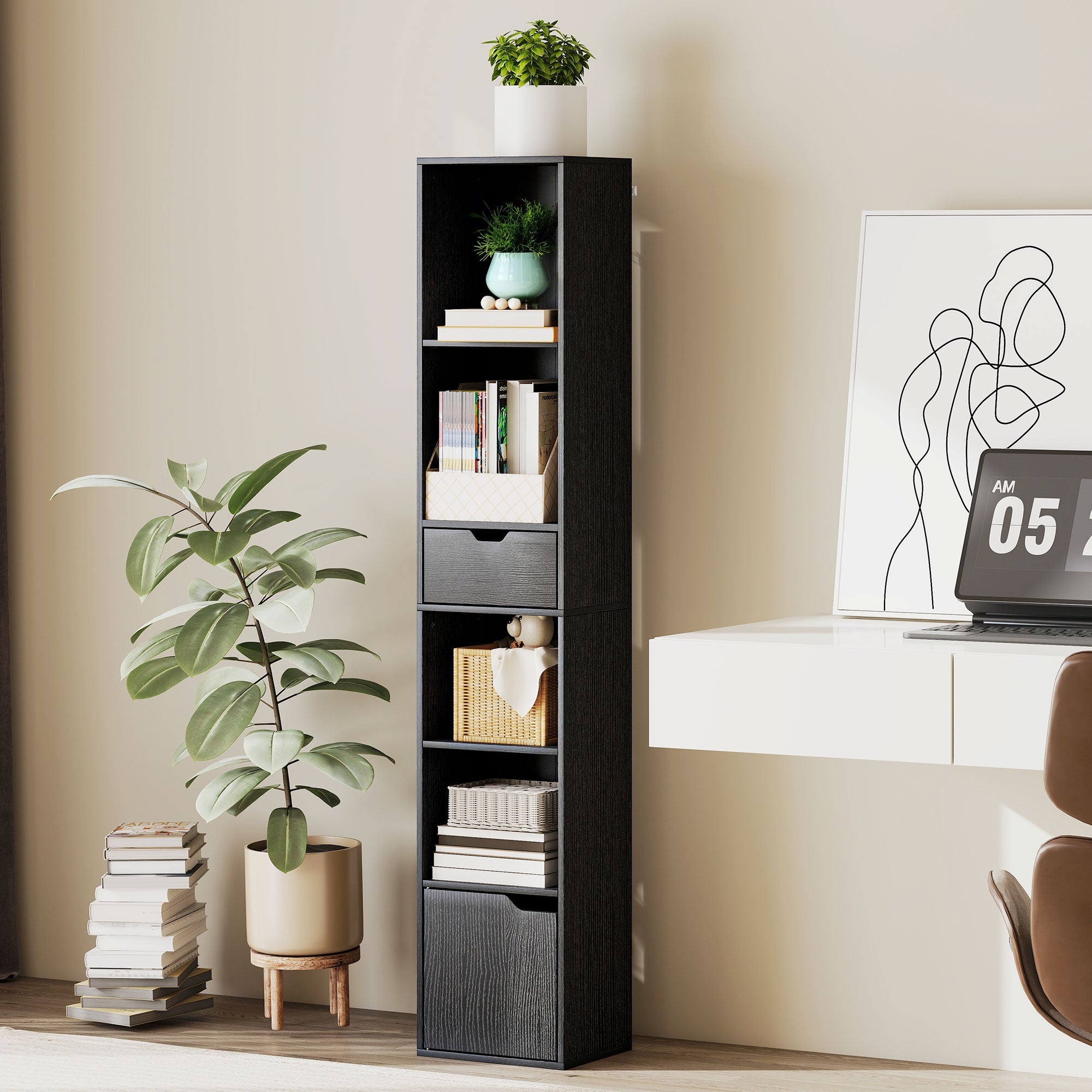 6-Tier Bookcase, Tall Narrow Bookshelf with Drawer and Door - Black