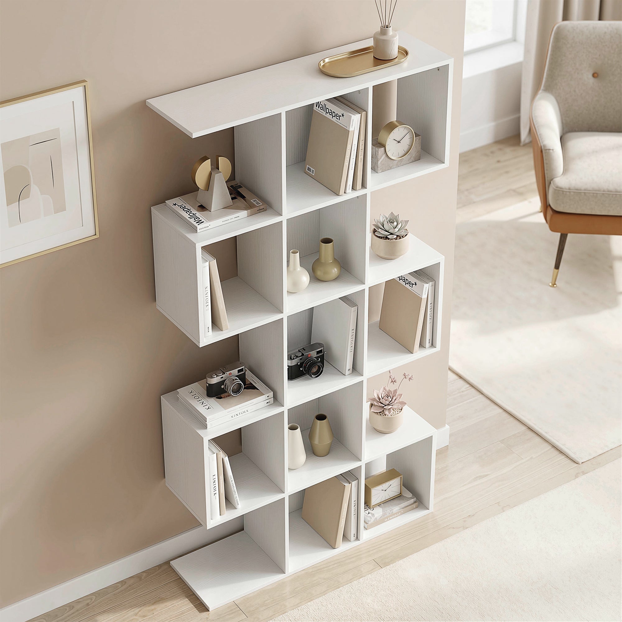 5-Tier Bookshelf, S Shaped Geometric Bookcase with 15 Compartments, White Wood Effect