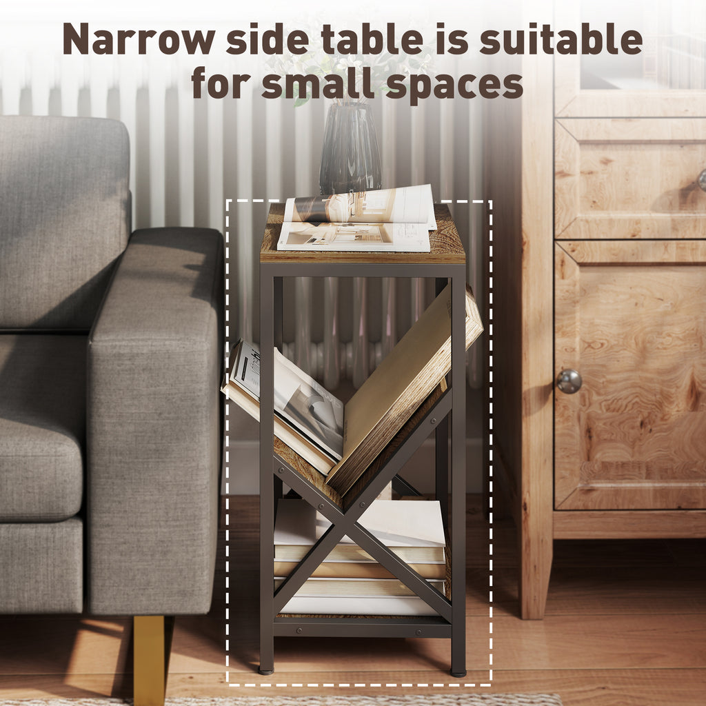 Narrow Side Table, End Table with 3-Tier Storage, V-Shaped Magazine Holder for Living Room, Bedroom, 40 x 30 x 61cm, Oak