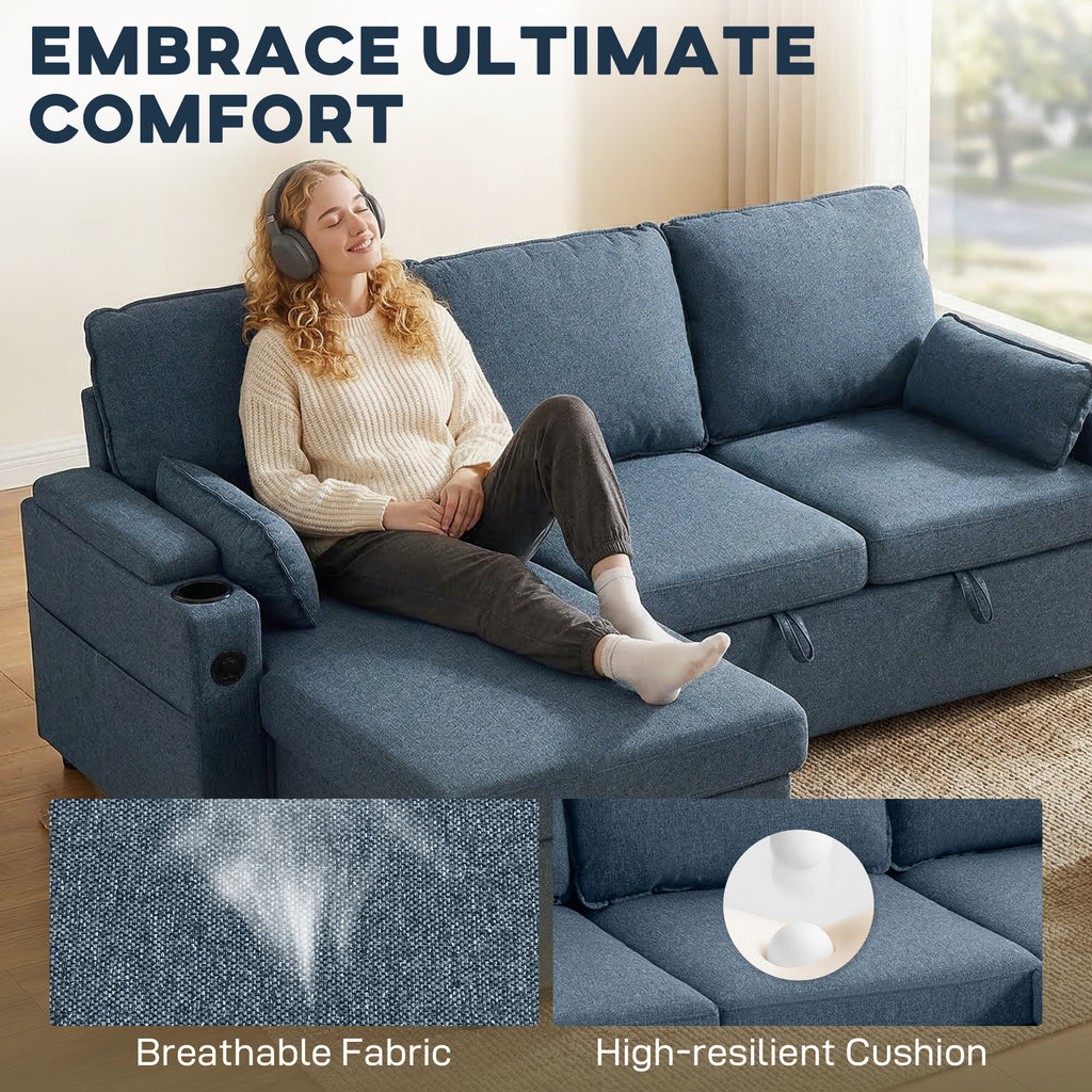Corner Sofa Bed, L Shaped Sleeper Sectional Sofa with Reversible Storage Chaise, Blue