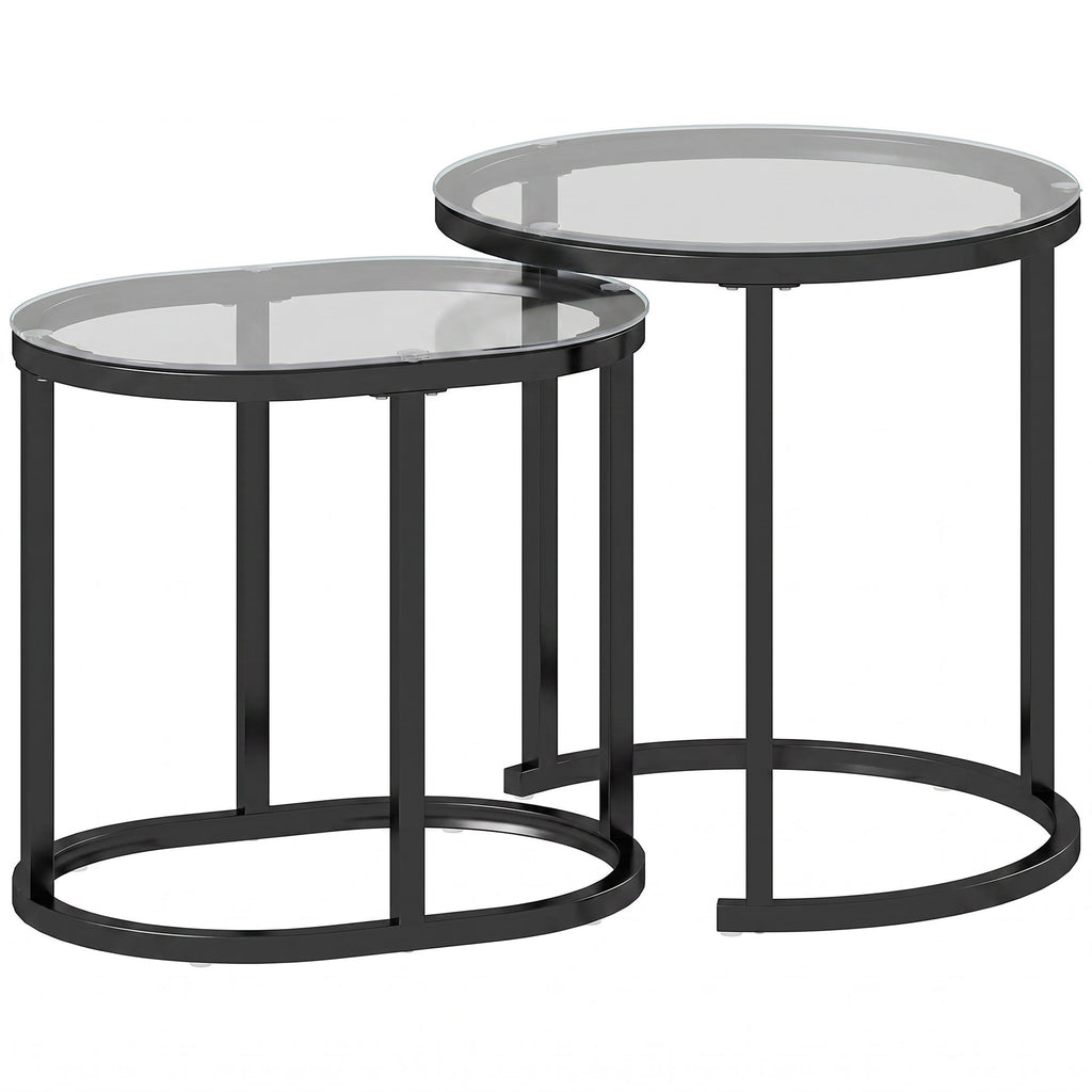 Nest of Tables with Steel Frame and Tempered Glass Tabletop, Modern Coffee Table Set of 2, Black