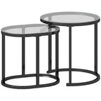 Nest of Tables with Steel Frame and Tempered Glass Tabletop, Modern Coffee Table Set of 2, Black