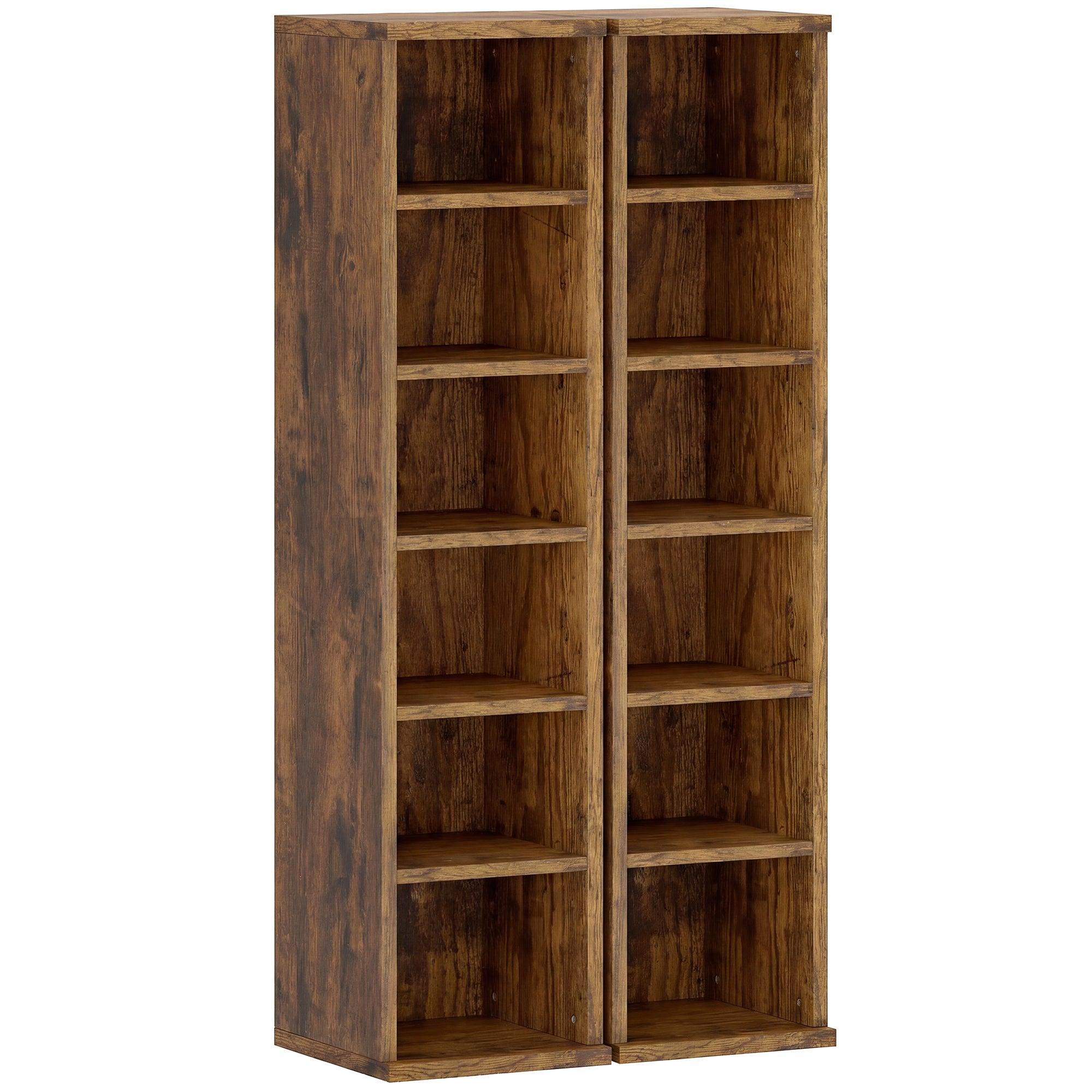 Set of 2 CD Media Display Shelf Unit Tower Rack with Adjustable Shelves, Rustic Brown