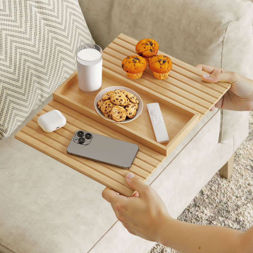 Bamboo Sofa Arm Tray, Foldable Anti-Slip Armrest Tray for Drinks and Snacks, Natural Wood Finish