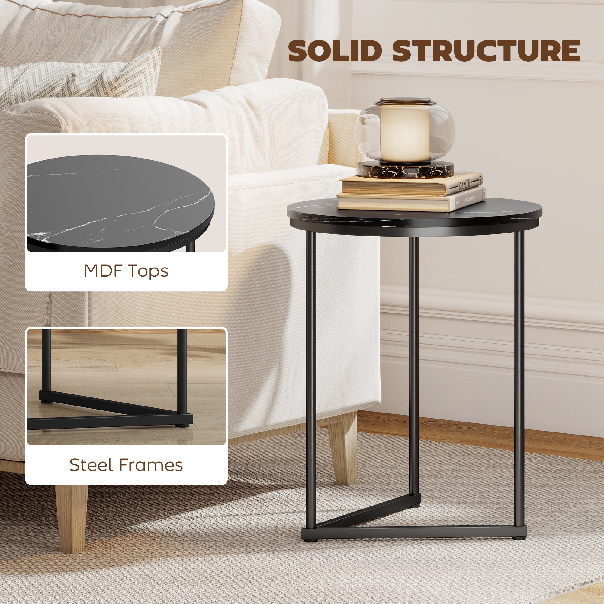 Set of Two Marble-Effect Nest of Tables - Black Marble Effect