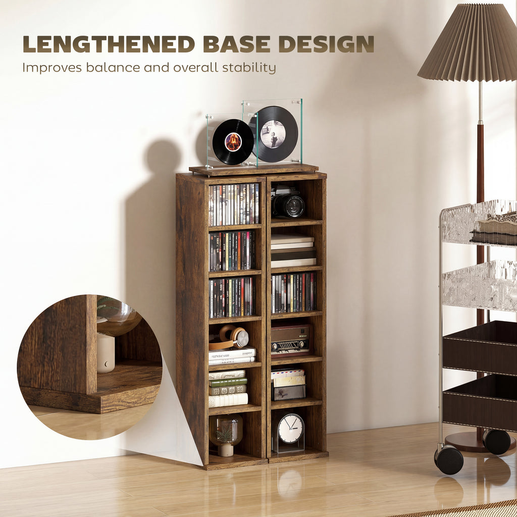 Set of 2 CD Media Display Shelf Unit Tower Rack with Adjustable Shelves, Rustic Brown