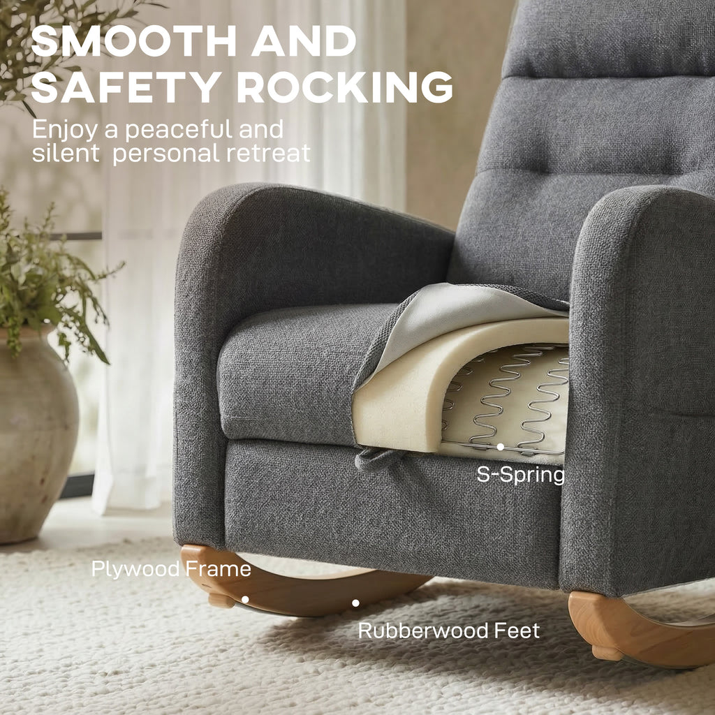 Upholstered Rocking Chair Retractable Footrest Rocker Chair High Back for Living Room Grey