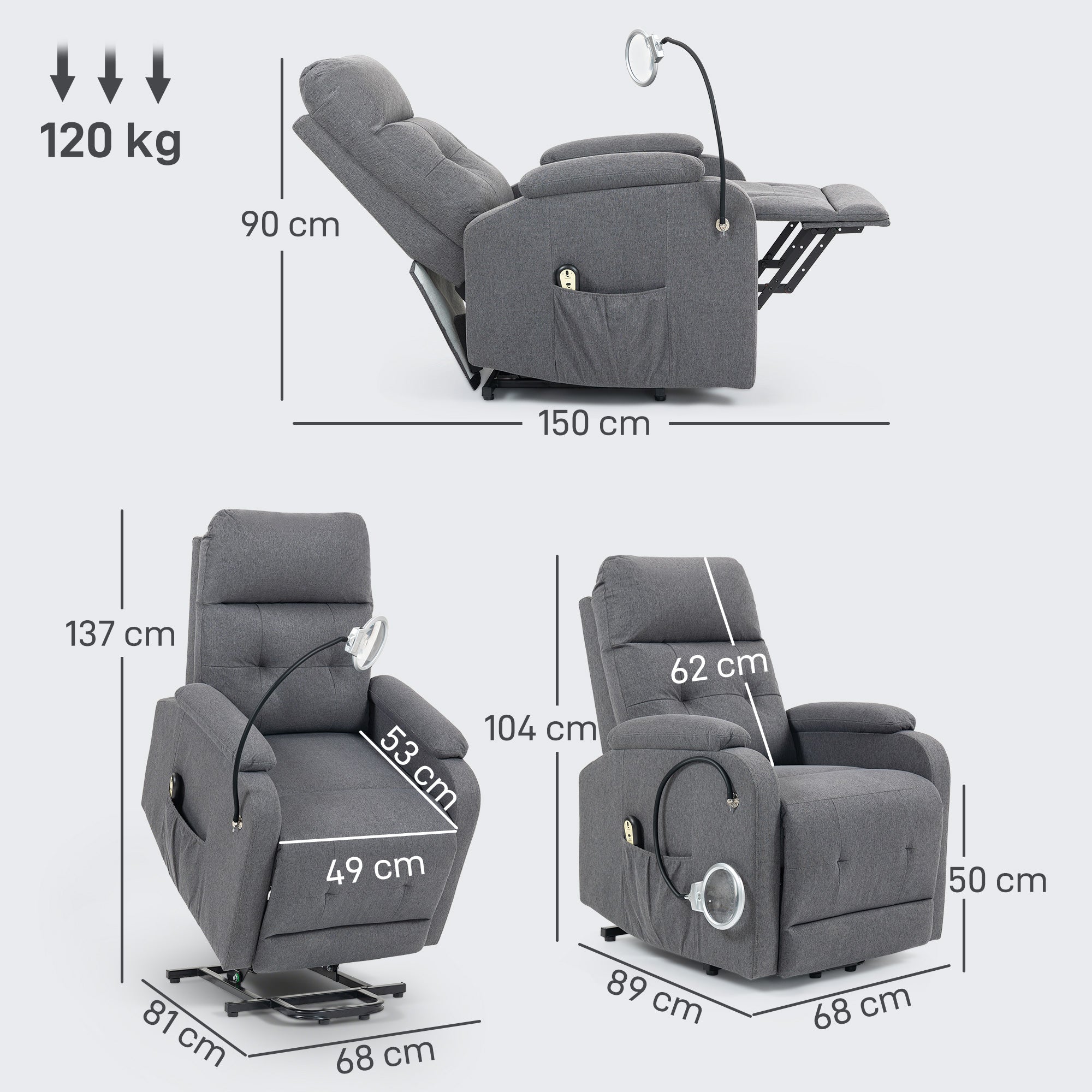 Electric Rise/Recline Armchair, with Reading Light - Grey
