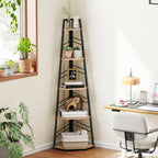 Corner Bookcase, 5-Tier Floor Standing Bookshelf, Shelving Unit for Living Room, Study, Bedroom, Natural Wood Finish