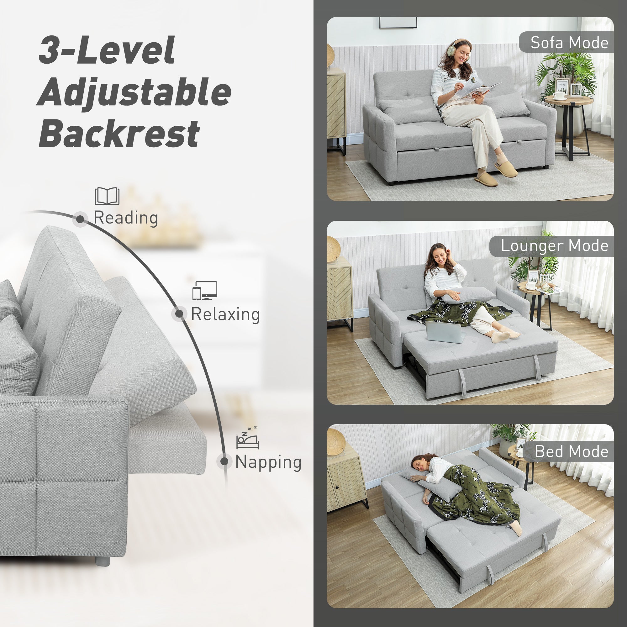 Three-Way Two-Seater Sofa Bed - Light Grey