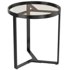 Round Side Table with Tempered Glass Top and Geometric Metal Frame for Small Space, Black