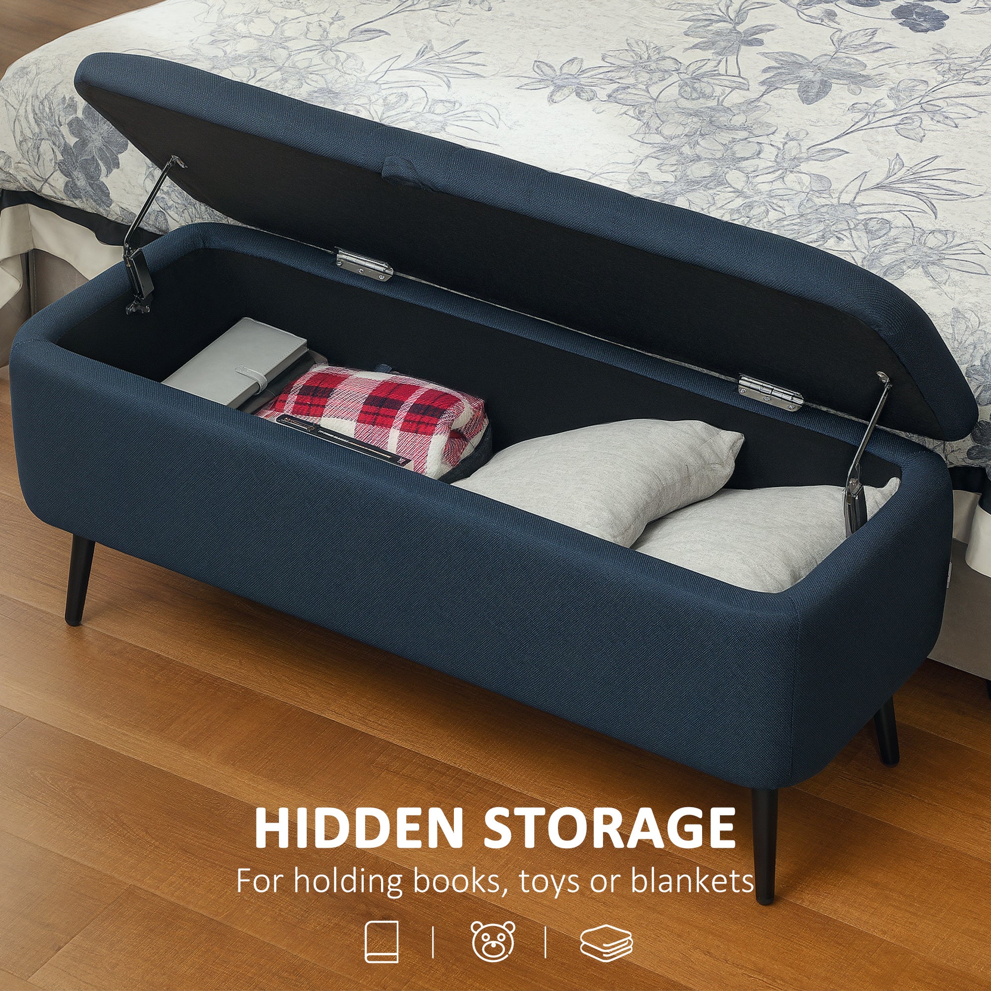 92 x 31cm Linen-Look Storage Ottoman - Dark Blue
