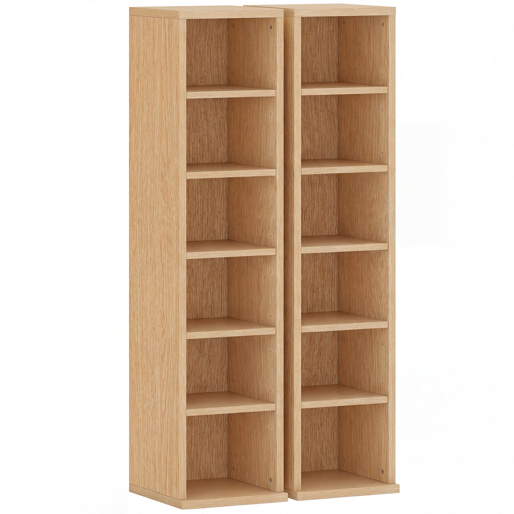 Set of 2 CD Media Display Shelf Unit Tower Rack with Adjustable Shelves, Natural