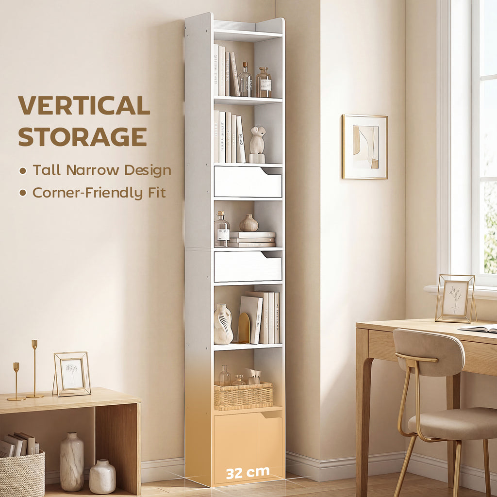 Bookcase Tall Narrow with 5 Tiers and Drawers Freestanding Bookshelf Storage Cabinet for Living Room White Wood Effect