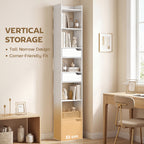 Bookcase Tall Narrow with 5 Tiers and Drawers Freestanding Bookshelf Storage Cabinet for Living Room White Wood Effect