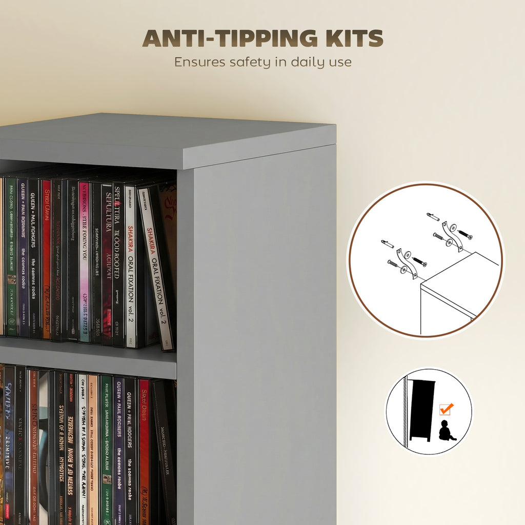 Set of 2 CD Media Display Shelf Unit Tower Rack with Adjustable Shelves, Light Grey