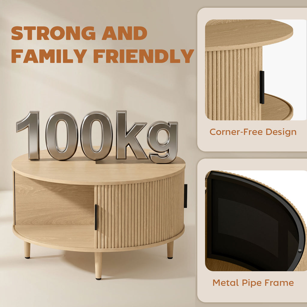 Coffee Table with Lift Top and Hidden Storage, Round Centre Table with Fluted Sliding Door, 80 cm, Natural Wood