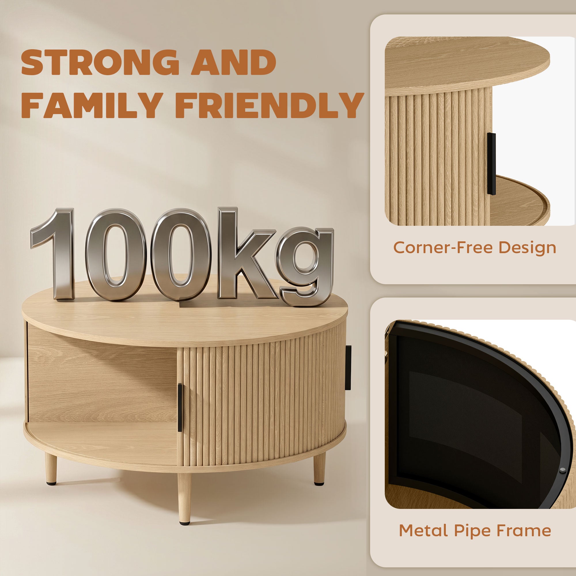 Coffee Table with Lift Top and Hidden Storage, Round Centre Table with Fluted Sliding Door, 80 cm, Natural Wood