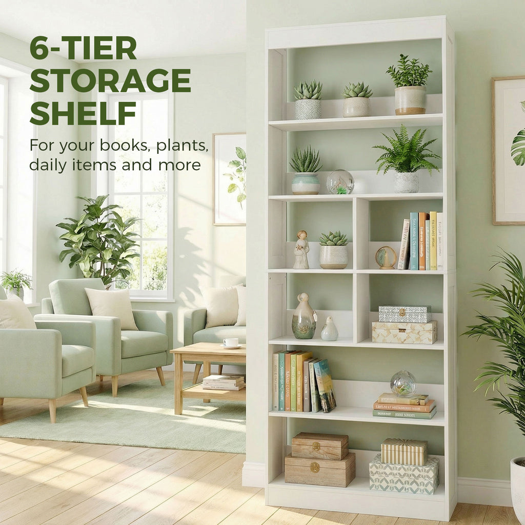 Bookcase, 6-Tier Bookshelf with Open Storage Shelves, Cubes, 180 cm Tall Display Shelf with Anti-Tipping Design, White