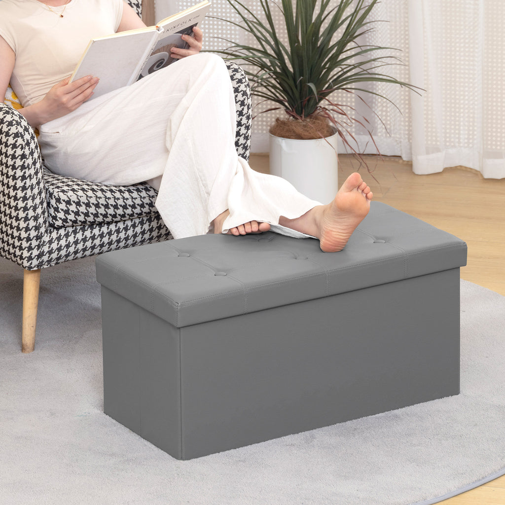 Storage Ottoman Bench, 89L PU Leather Folding Foot Rest Stool, End of Bed Bench, Easy Assembly, for Living Room, Bedroom, Entryway, Grey