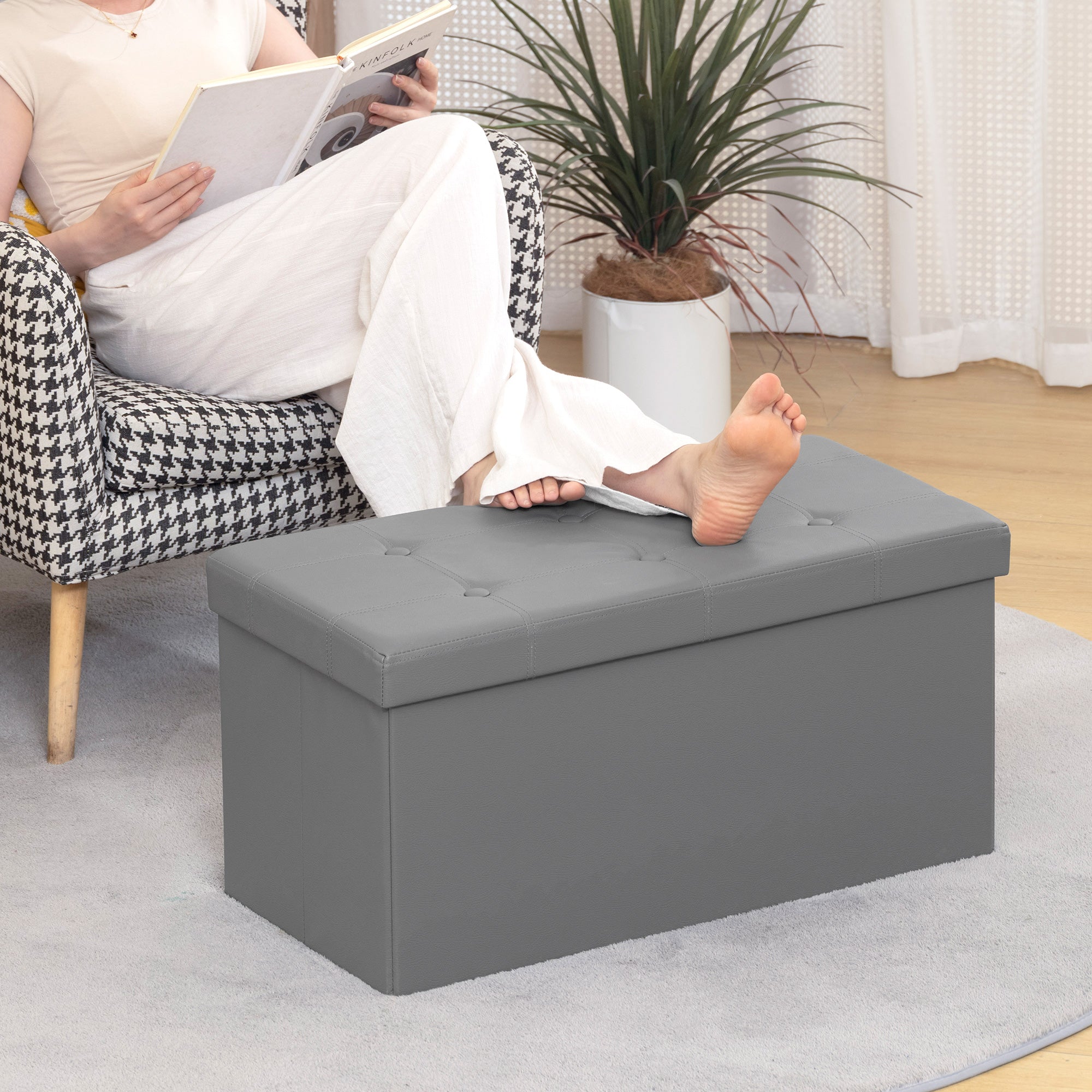 Storage Ottoman Bench, 89L PU Leather Folding Foot Rest Stool, End of Bed Bench, Easy Assembly, for Living Room, Bedroom, Entryway, Grey