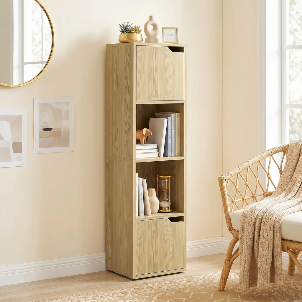 Narrow Bookcase, 4-Tier Bookshelf, Storage Cabinet with doors for Living Room, Bedroom, Oak