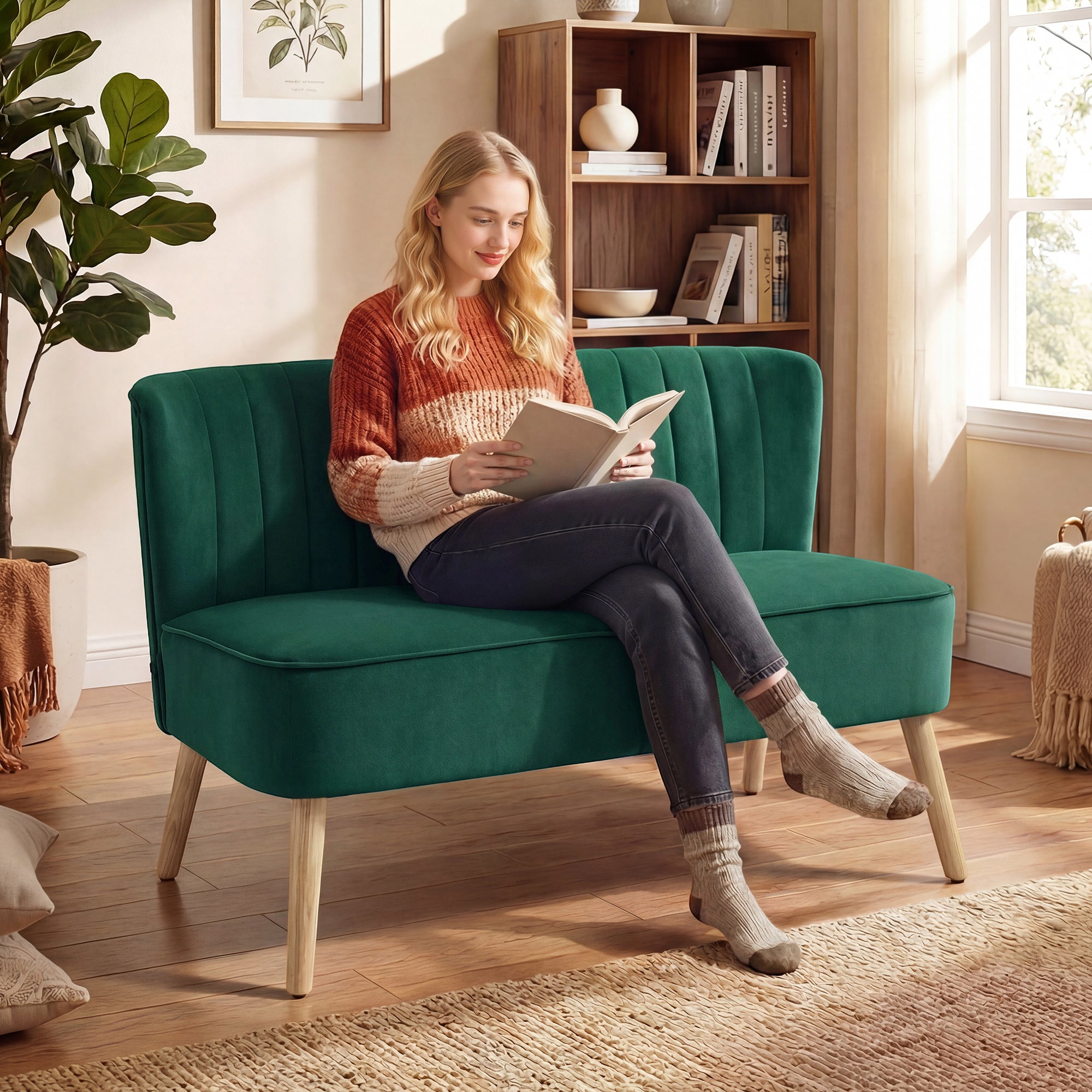 117cm Loveseat Sofa Upholstered Small 2 Seater Sofa  with Thick Padded Seat and Rubber Wood Legs, Dark Green