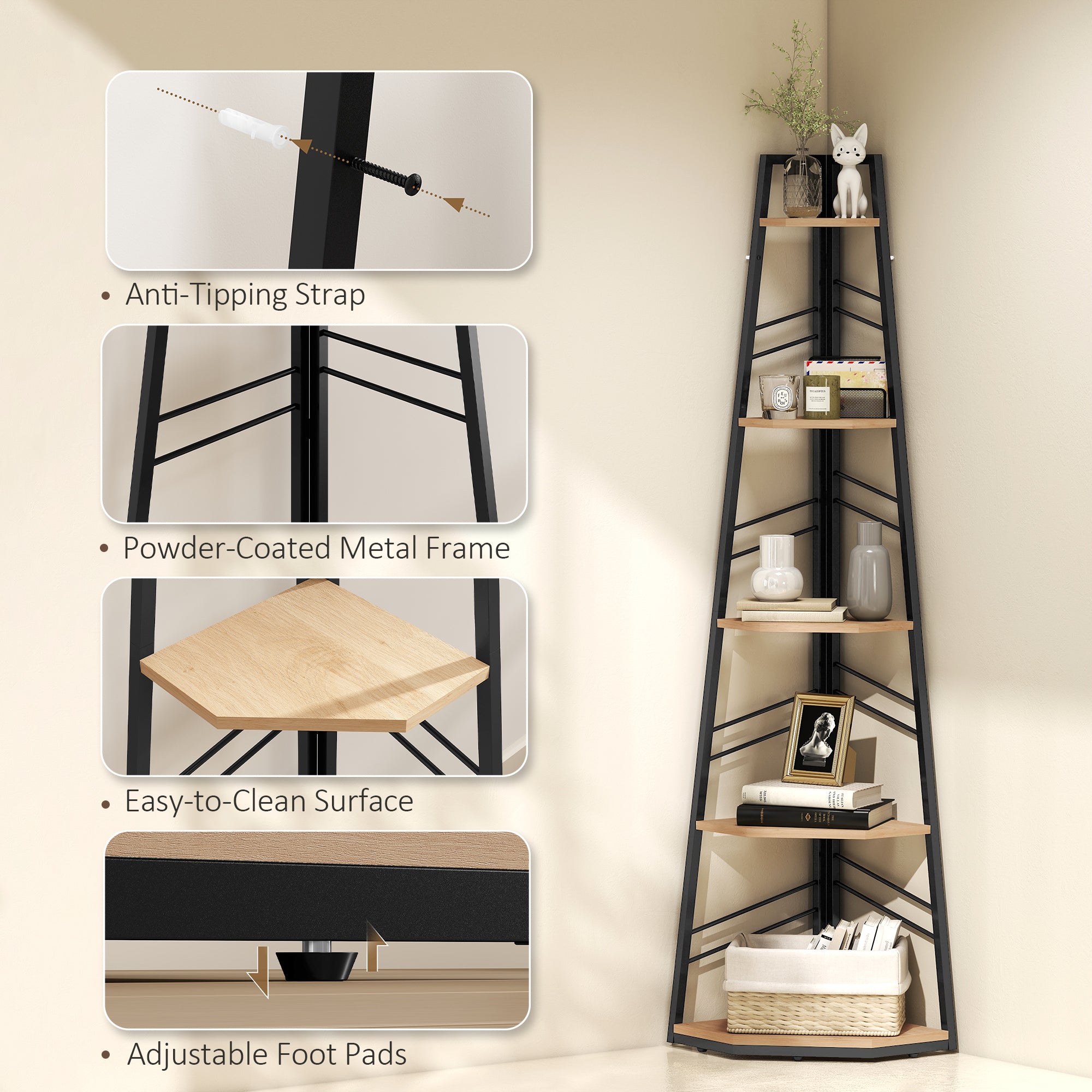 Corner Bookcase, 5-Tier Floor Standing Bookshelf, Shelving Unit for Living Room, Study, Bedroom, Natural Wood Finish