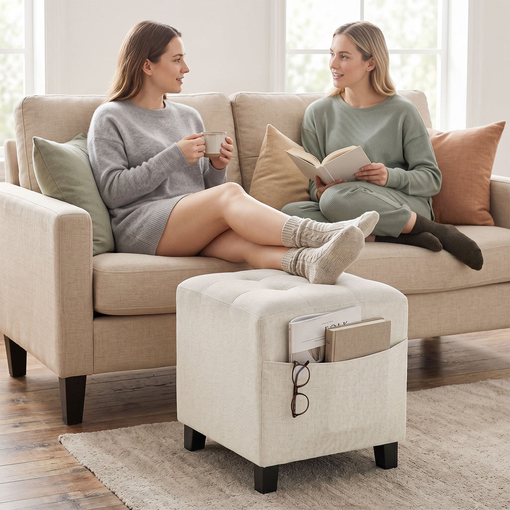 Small Ottoman, Square Footstool with Side Pocket, Rubber Wood Legs and Padded Seat for Living Room, Beige