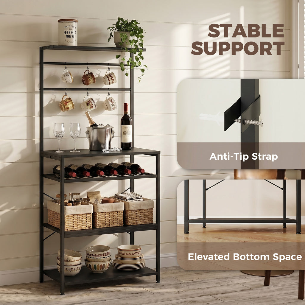 Freestanding Shelving Unit, Industrial Storage Shelf with 6 Hooks and Wine Rack for Living Room, Home Office, Black