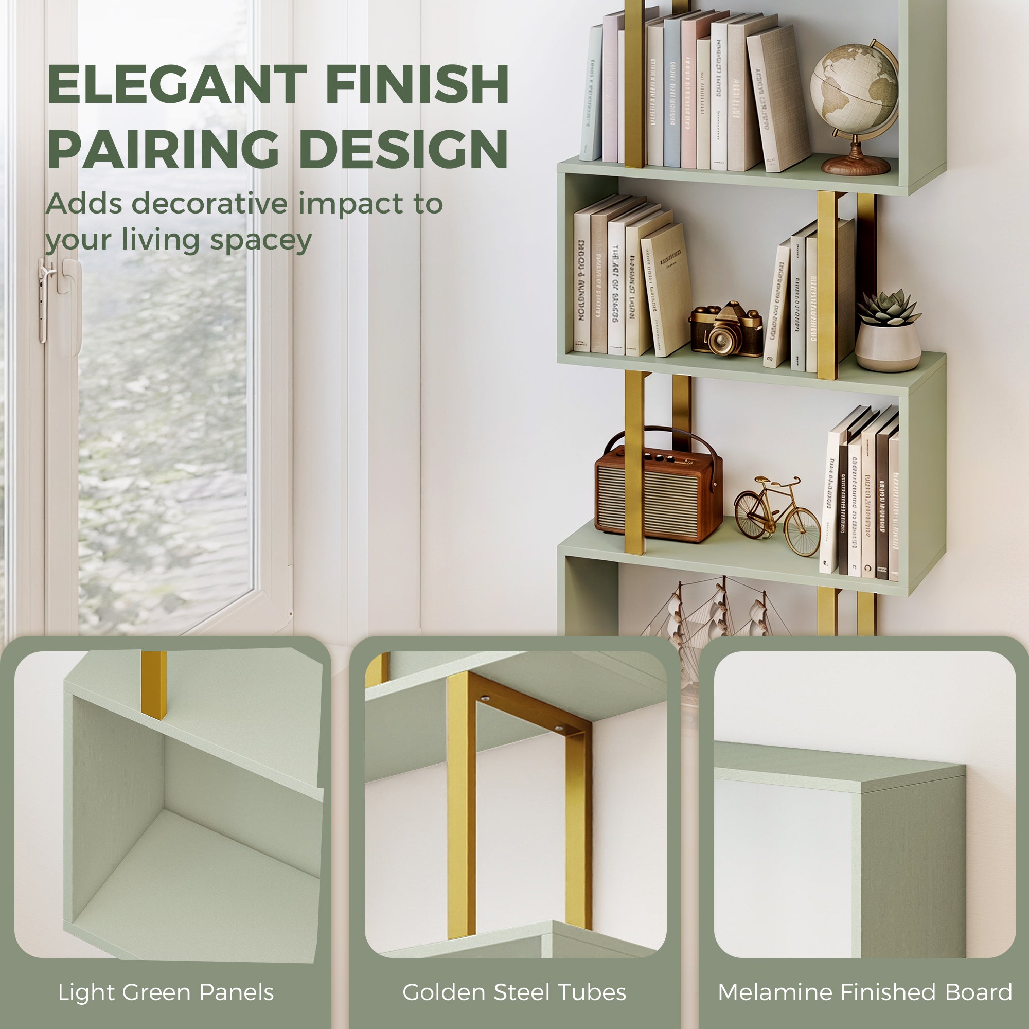 S-Shaped Bookshelf, 6-Tier Bookcase, Freestanding Storage Shelves with Anti-Tip Strap, Light Green