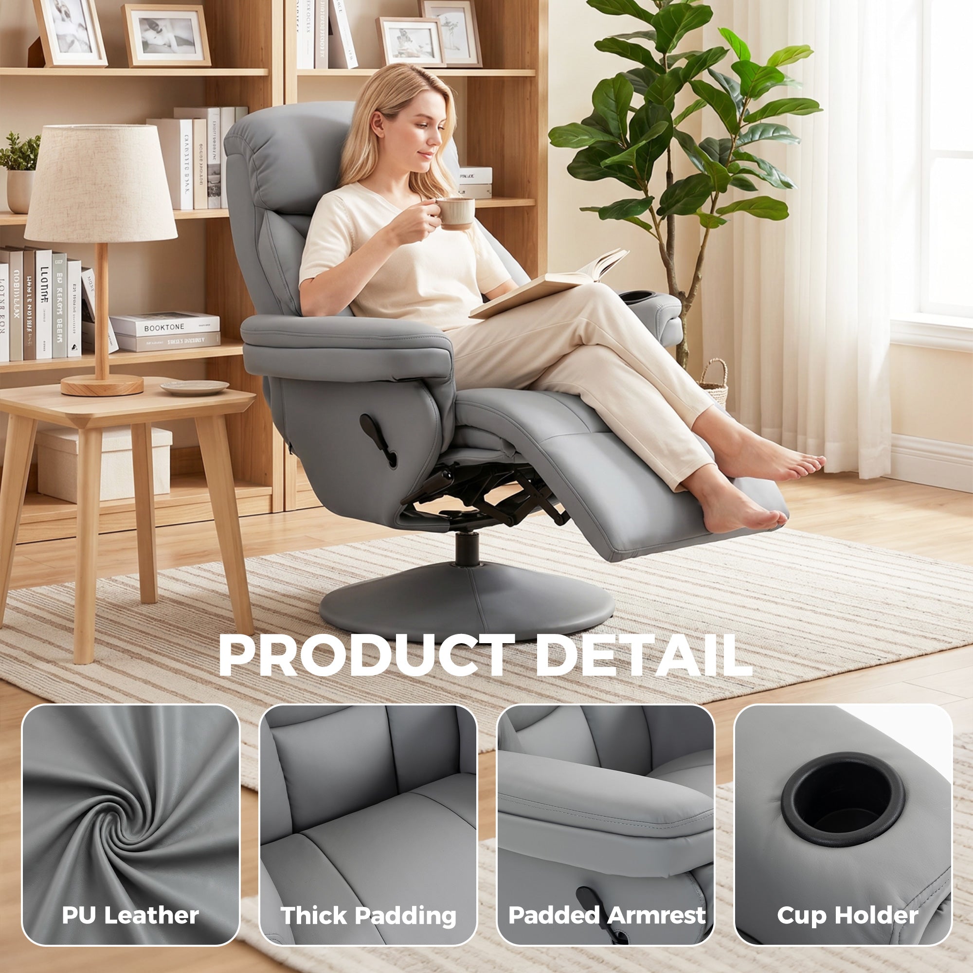 Upholstered Reclining Armchair, Manual Recliner Chair with Footrest and Adjustable Backrest, Grey