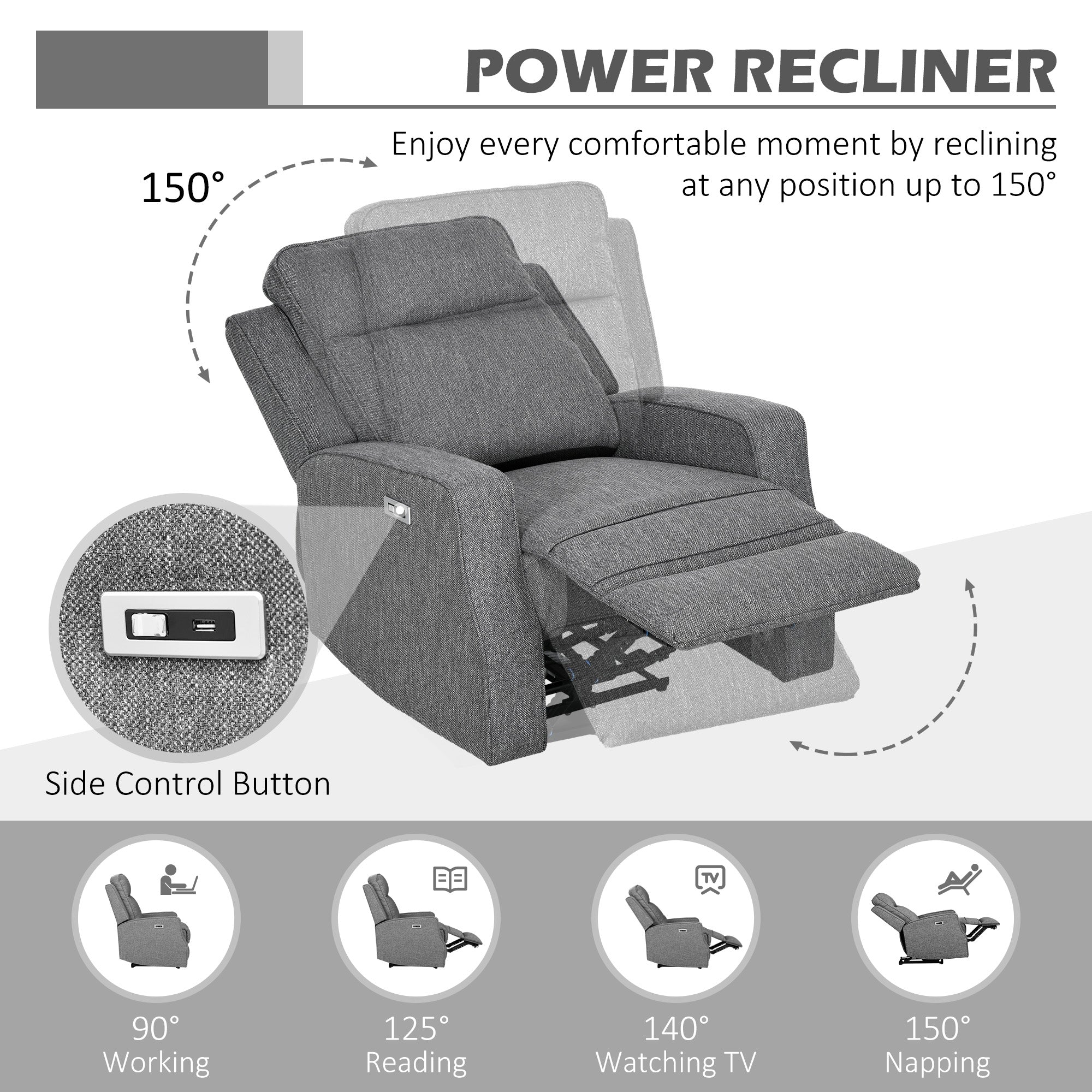 HOMCOM 150Â° Electric Reclining Chair, with USB port and Footrest - Charcoal Grey