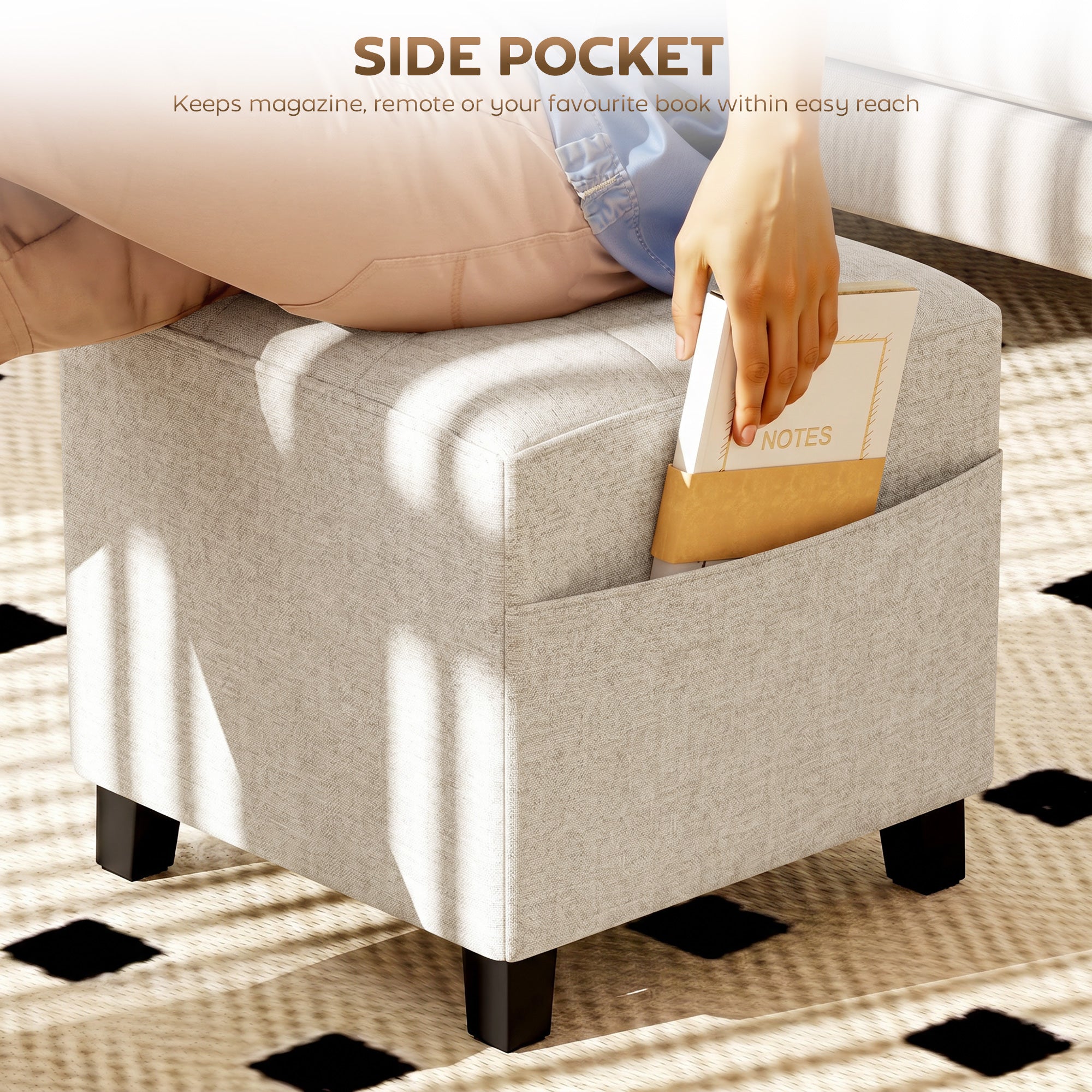 Small Ottoman, Square Footstool with Side Pocket, Rubber Wood Legs and Padded Seat for Living Room, Beige