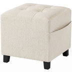 Small Ottoman, Square Footstool with Side Pocket, Rubber Wood Legs and Padded Seat for Living Room, Beige