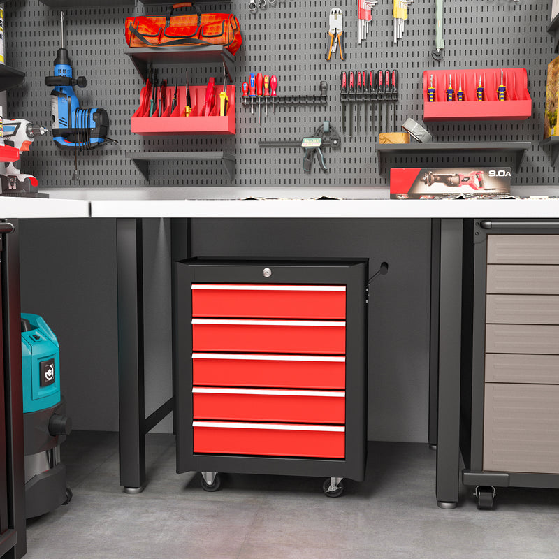 5-Drawer Lockable Rolling Tool Chest with Handle & 2 Keys – Red – image 2 of 9